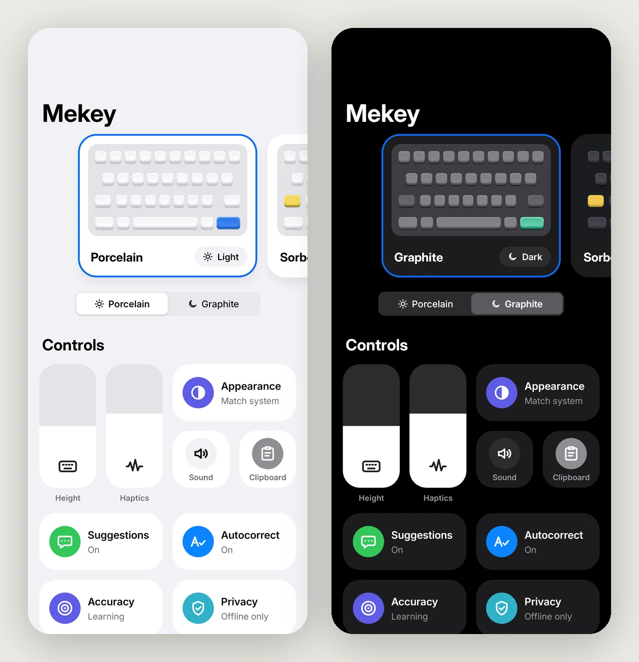 Mekey Settings in light and dark: theme cards and Control Centre tiles for height, haptics, appearance, sound, clipboard, suggestions, autocorrect, accuracy and privacy